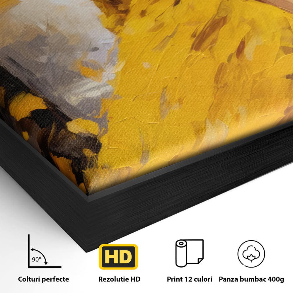 Detaliu al suprafetei: tablou canvas cu femeie in galben, in rama de aluminiu negru